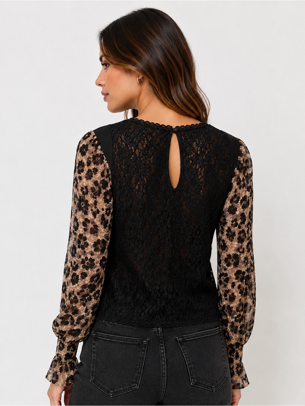 Free People Black Lace‎ Front Leopard Mixed-Print Long Sleeve Blouse - Picture 2 of 6